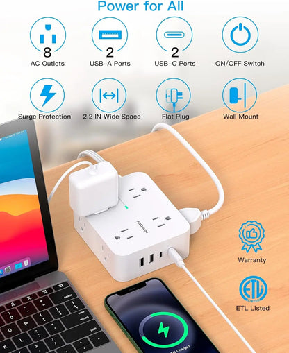 The Shopper Stop surge protector power strip with 8 outlets, 4 USB ports, and ultra-thin flat plug for home office and dorm use.