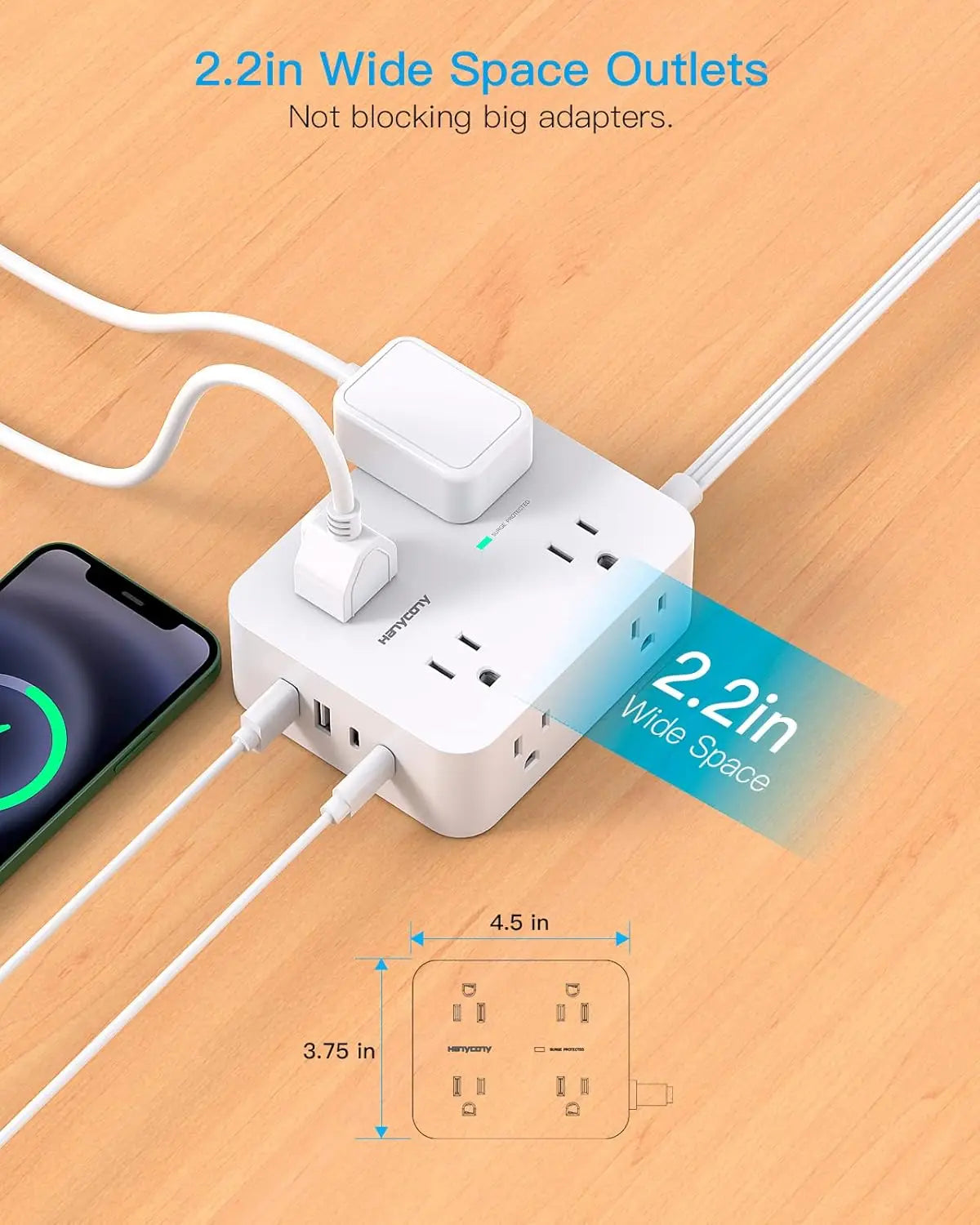 The Shopper Stop surge protector power strip with 8 outlets, 4 USB ports, and ultra-thin flat plug for home office and dorm use.