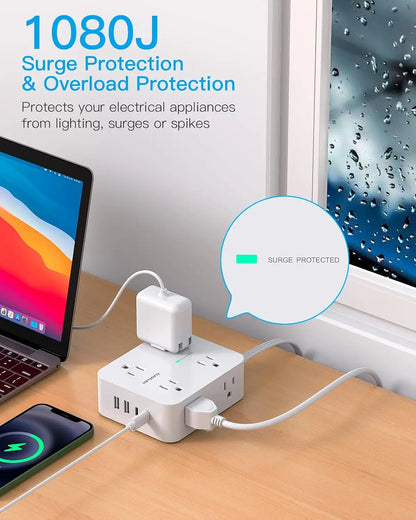 The Shopper Stop surge protector power strip with 8 outlets, 4 USB ports, and ultra-thin flat plug for home and office use.
