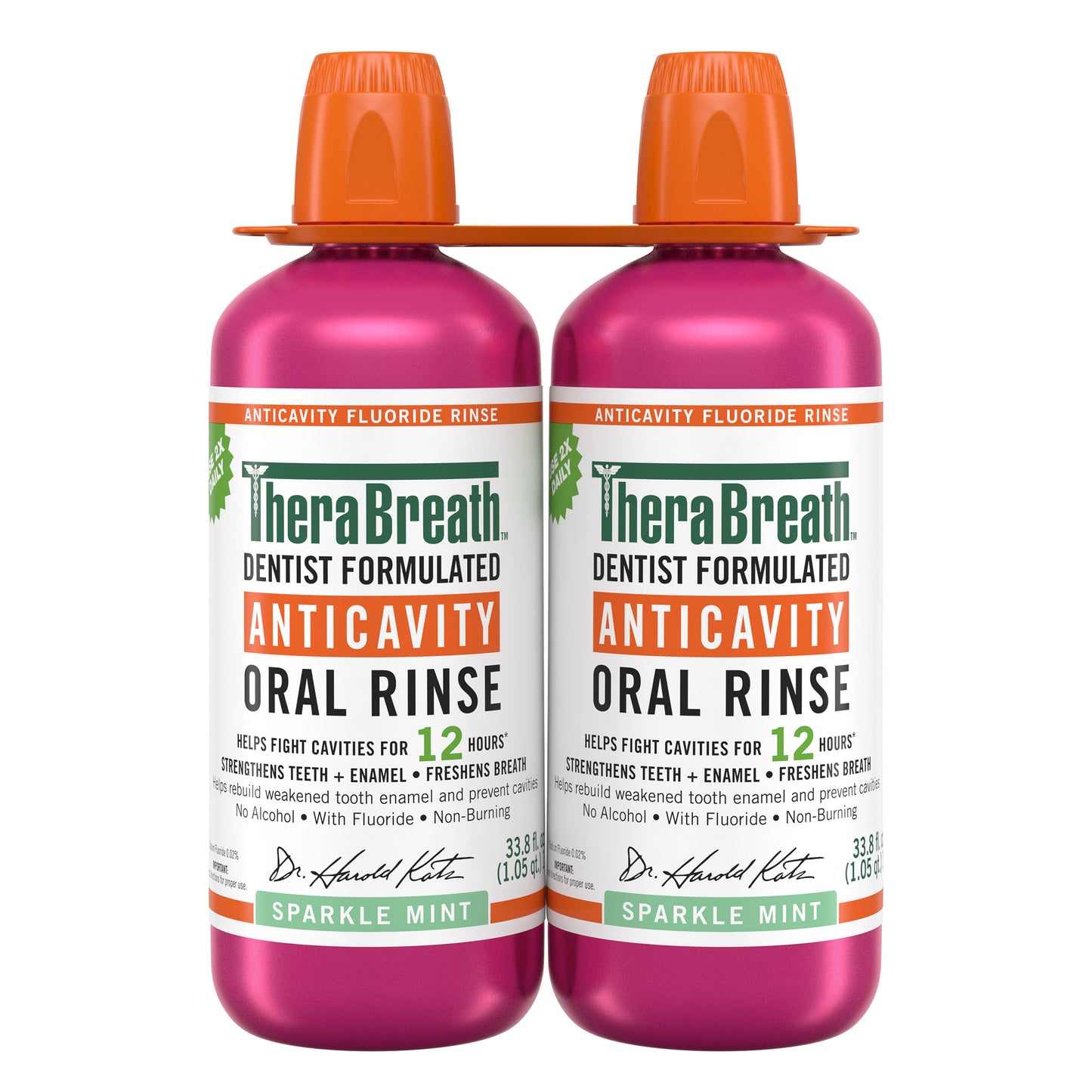 TheraBreath Anticavity Oral Rinse bottles in Sparkle Mint flavor, 33.8 fl oz each, shown in a 2-pack for fresh breath and cavity protection.