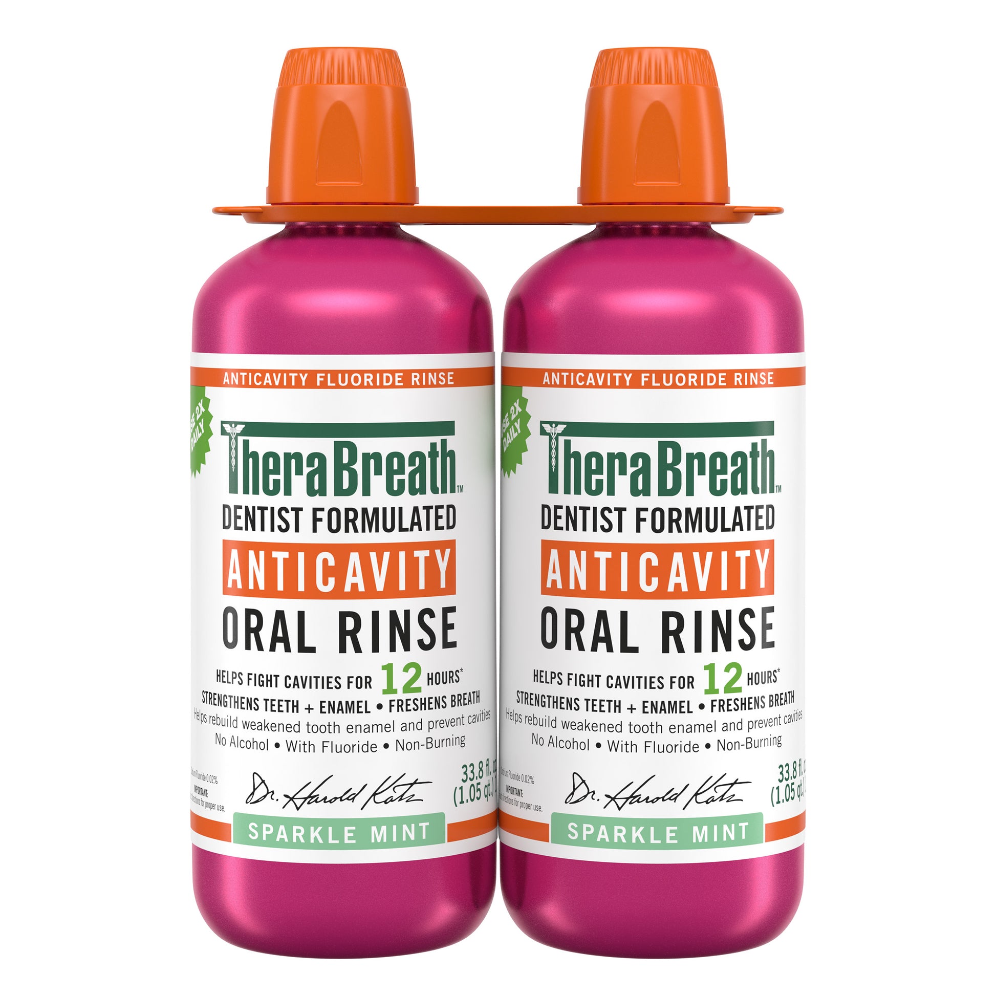 TheraBreath Anticavity Oral Rinse bottles in Sparkle Mint flavor, 33.8 fl oz each, shown in a 2-pack for fresh breath and cavity protection.