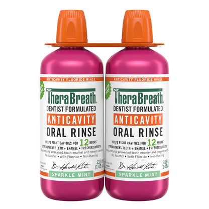TheraBreath Anticavity Oral Rinse bottles in Sparkle Mint flavor, 33.8 fl oz each, shown in a 2-pack for fresh breath and cavity protection.
