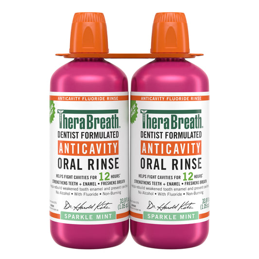 TheraBreath Anticavity Oral Rinse bottles in Sparkle Mint flavor, 33.8 fl oz each, shown in a 2-pack for fresh breath and cavity protection.