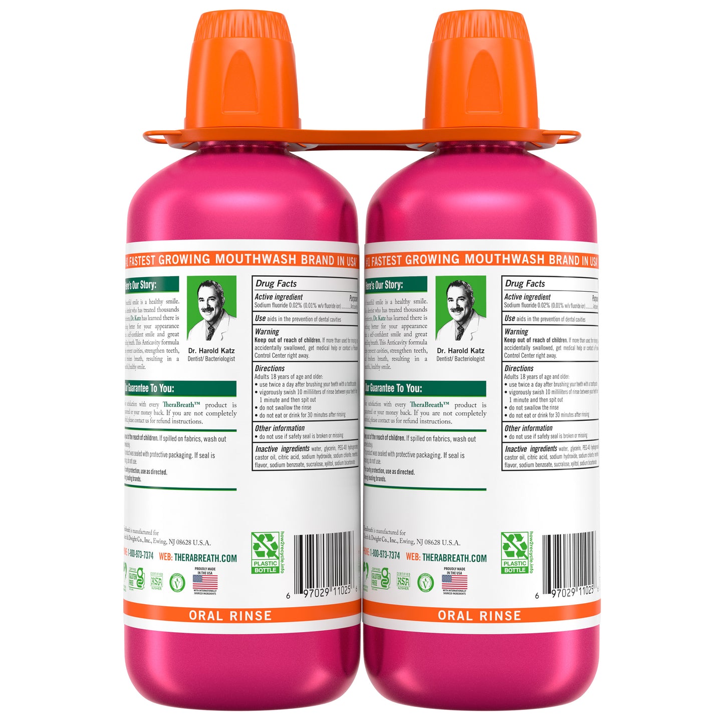 TheraBreath Anticavity Oral Rinse in Sparkle Mint flavor, 33.8 fl oz bottles, 2-pack, with mint-flavored mouthwash bottles side by side.