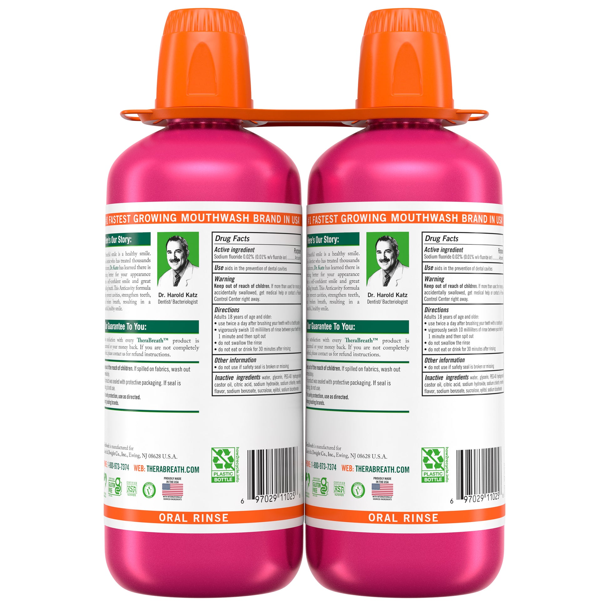 TheraBreath Anticavity Oral Rinse in Sparkle Mint flavor, 33.8 fl oz bottles, 2-pack, with mint-flavored mouthwash bottles side by side.