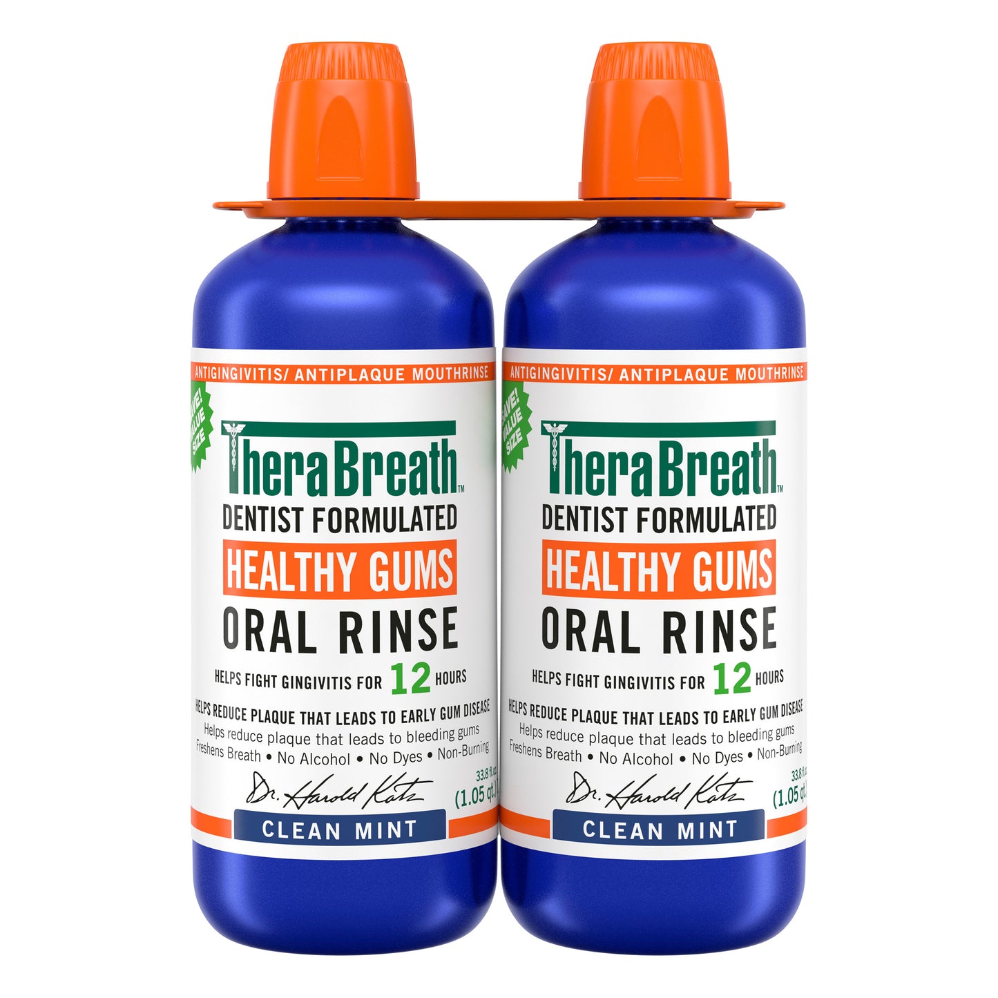 TheraBreath Healthy Gums Oral Rinse bottles, 33.8 fl oz, 2-pack, showing the label and cap on a white background.