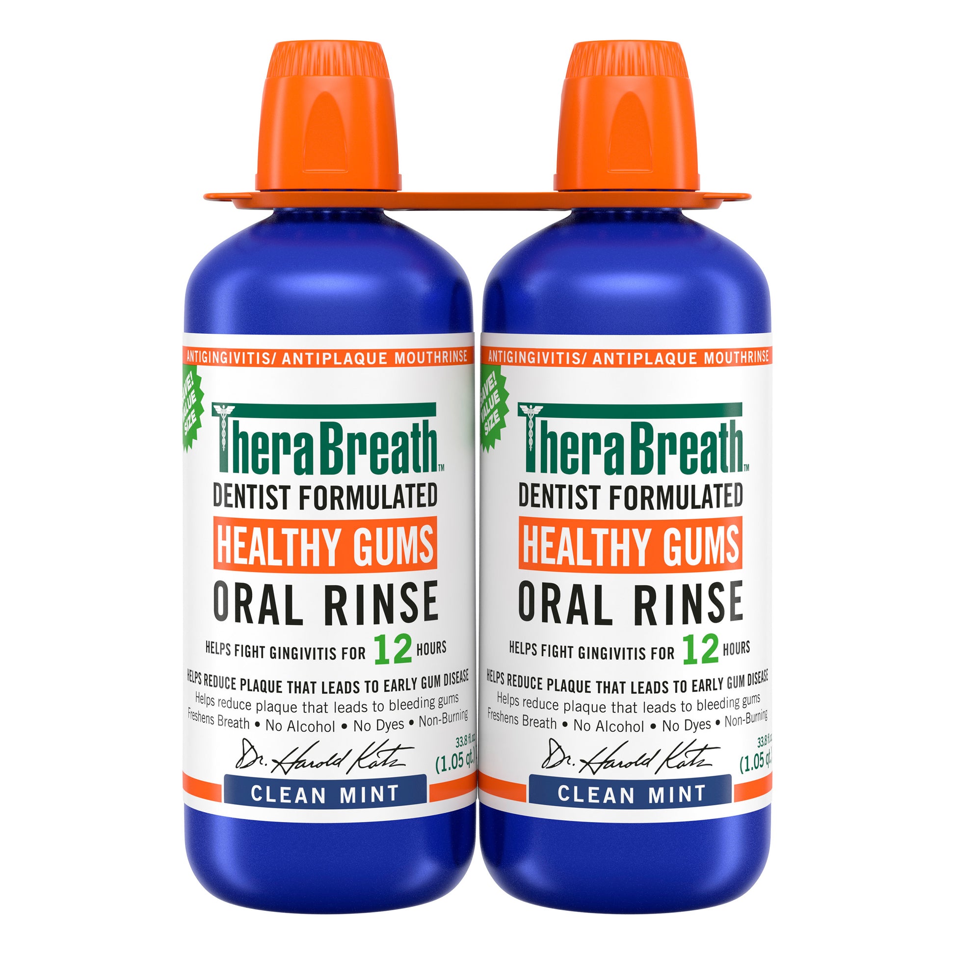 TheraBreath Healthy Gums Oral Rinse bottles, 33.8 fl oz, 2-pack, showing the label and cap on a white background.