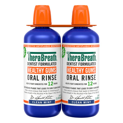 TheraBreath Healthy Gums Oral Rinse bottles, 33.8 fl oz, 2-pack, showing the label and cap on a white background.