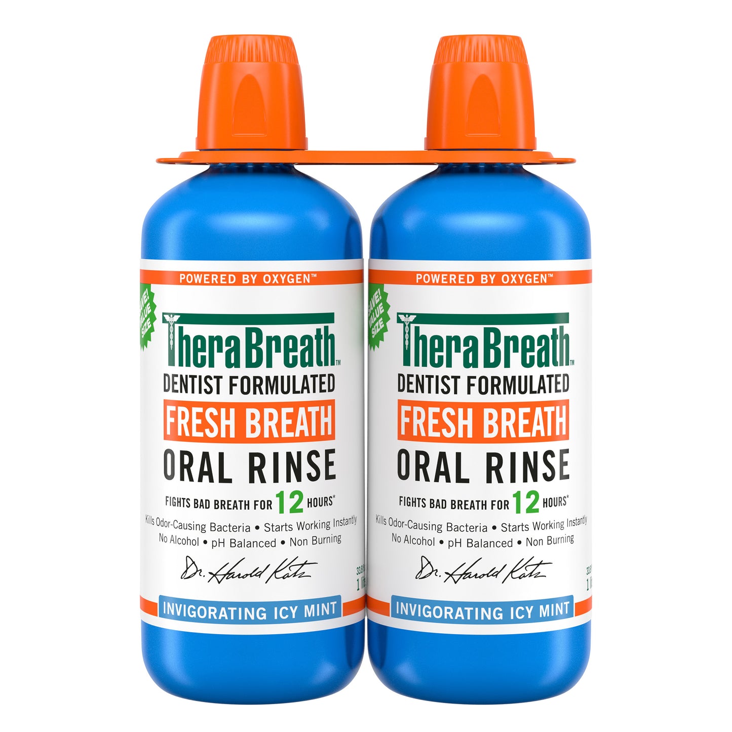 TheraBreath Icy Mint Oral Rinse in a 1-liter, 2-pack with bottles showing blue label and mint flavor for fresh breath.