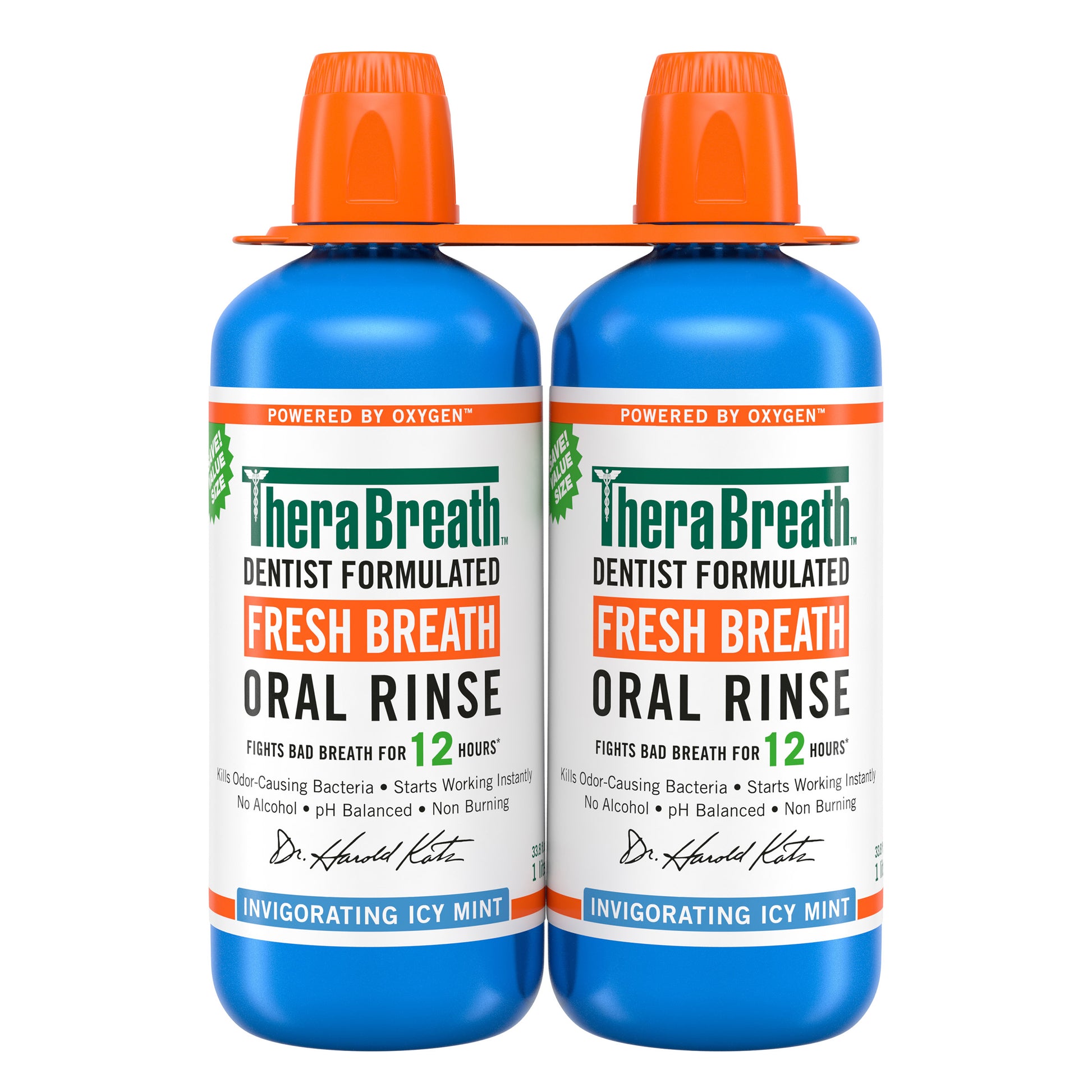 TheraBreath Icy Mint Oral Rinse in a 1-liter, 2-pack with bottles showing blue label and mint flavor for fresh breath.