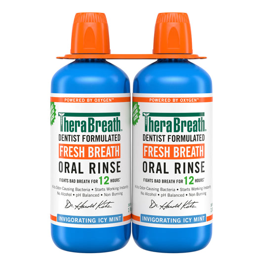 TheraBreath Icy Mint Oral Rinse in a 1-liter, 2-pack with bottles showing blue label and mint flavor for fresh breath.