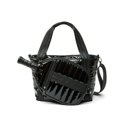 Black patent Ace of the Court pickleball bag by Think Royln, stylish sports bag with multiple compartments and adjustable straps.