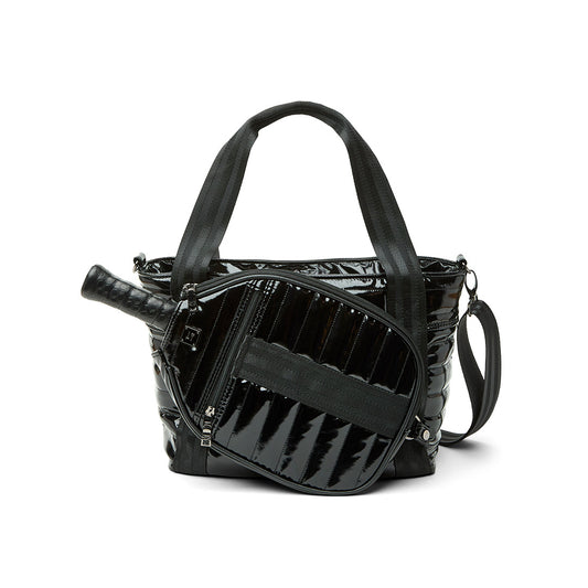 Black patent Ace of the Court pickleball bag by Think Royln, stylish sports bag with multiple compartments and adjustable straps.