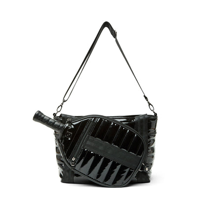 Black patent Ace of the Court pickleball bag by Think Royln, featuring multiple compartments and stylish design for players.
