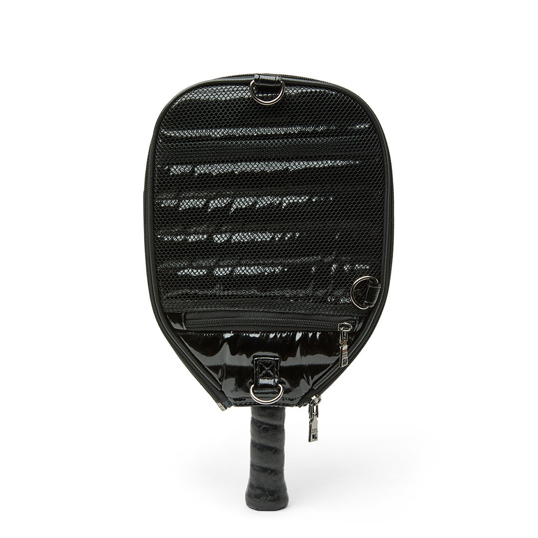 Think Royln Ace of the Court pickleball bag in sleek black patent with multiple compartments and stylish design.
