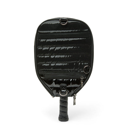 Think Royln Ace of the Court pickleball bag in sleek black patent with multiple compartments and stylish design.