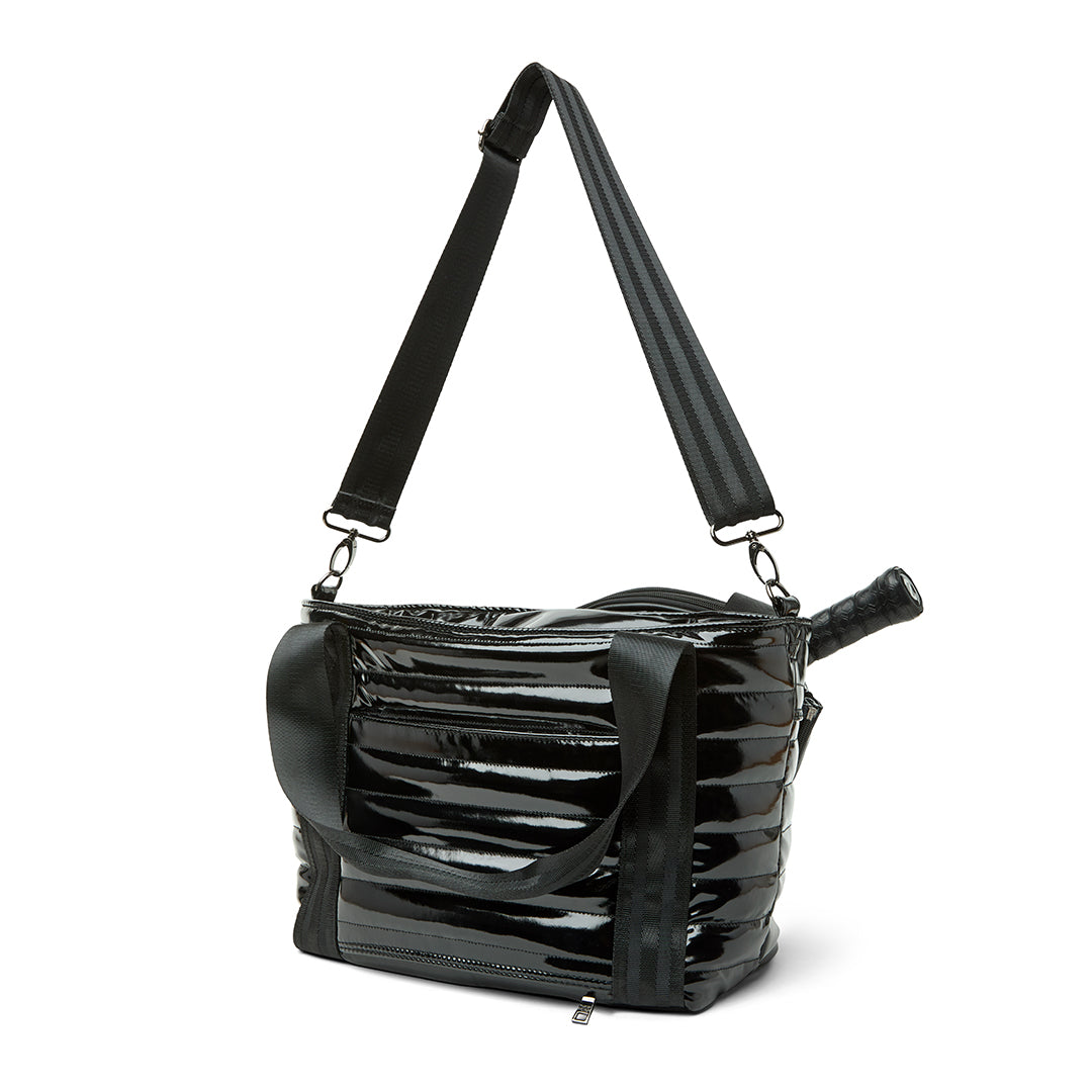 Think Royln Ace of the Court pickleball bag in black patent, stylish and functional pickleball gear storage bag.