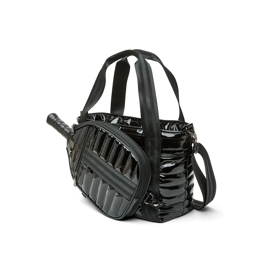 Think Royln Ace of the Court Pickleball Bag in sleek black patent with multiple compartments for sports gear and accessories.