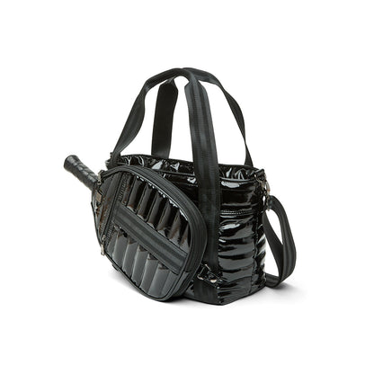 Think Royln Ace of the Court Pickleball Bag in sleek black patent with multiple compartments for sports gear and accessories.