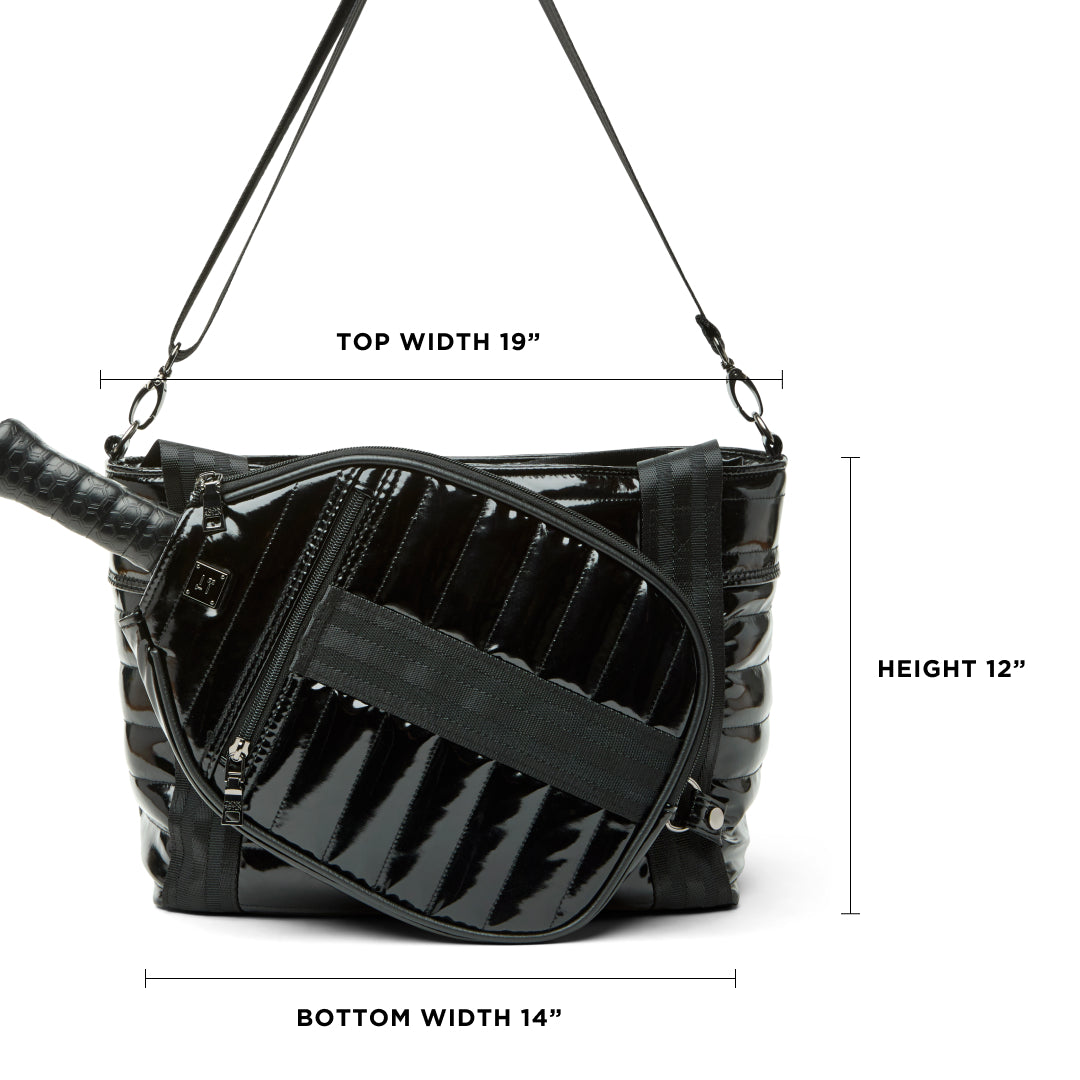 Think Royln Ace of the Court pickleball bag in sleek black patent finish, designed for carrying pickleball gear and accessories.