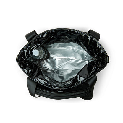 Think Royln Ace of the Court pickleball bag in sleek black patent with multiple compartments and stylish design.
