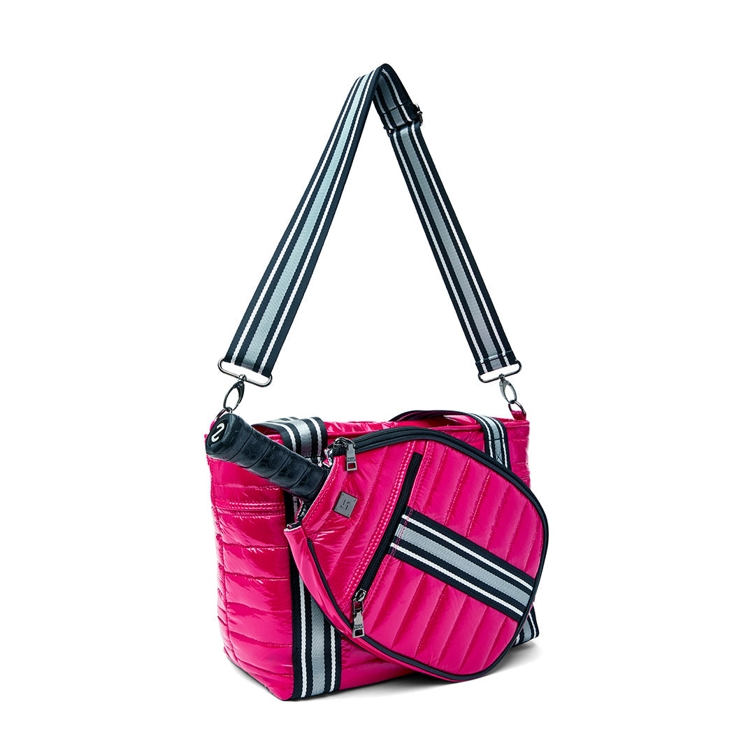 Think Royln Ace of the Court pickleball bag in sleek black patent, designed for stylish storage and easy carrying of pickleball gear.