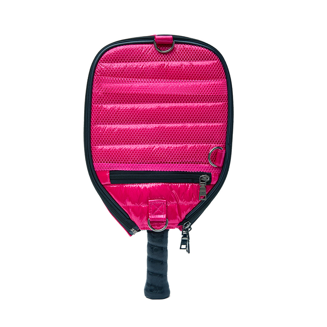 Think Royln Ace of the Court pickleball bag in sleek black patent with multiple compartments and stylish design.