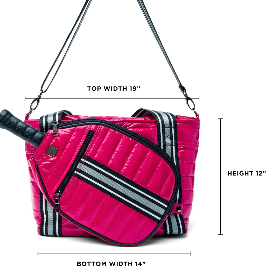 Black patent Ace of the Court Pickleball Bag by Think Royln with multiple compartments and stylish design for sports gear storage.