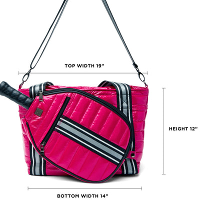 Black patent Ace of the Court Pickleball Bag by Think Royln with multiple compartments and stylish design for sports gear storage.