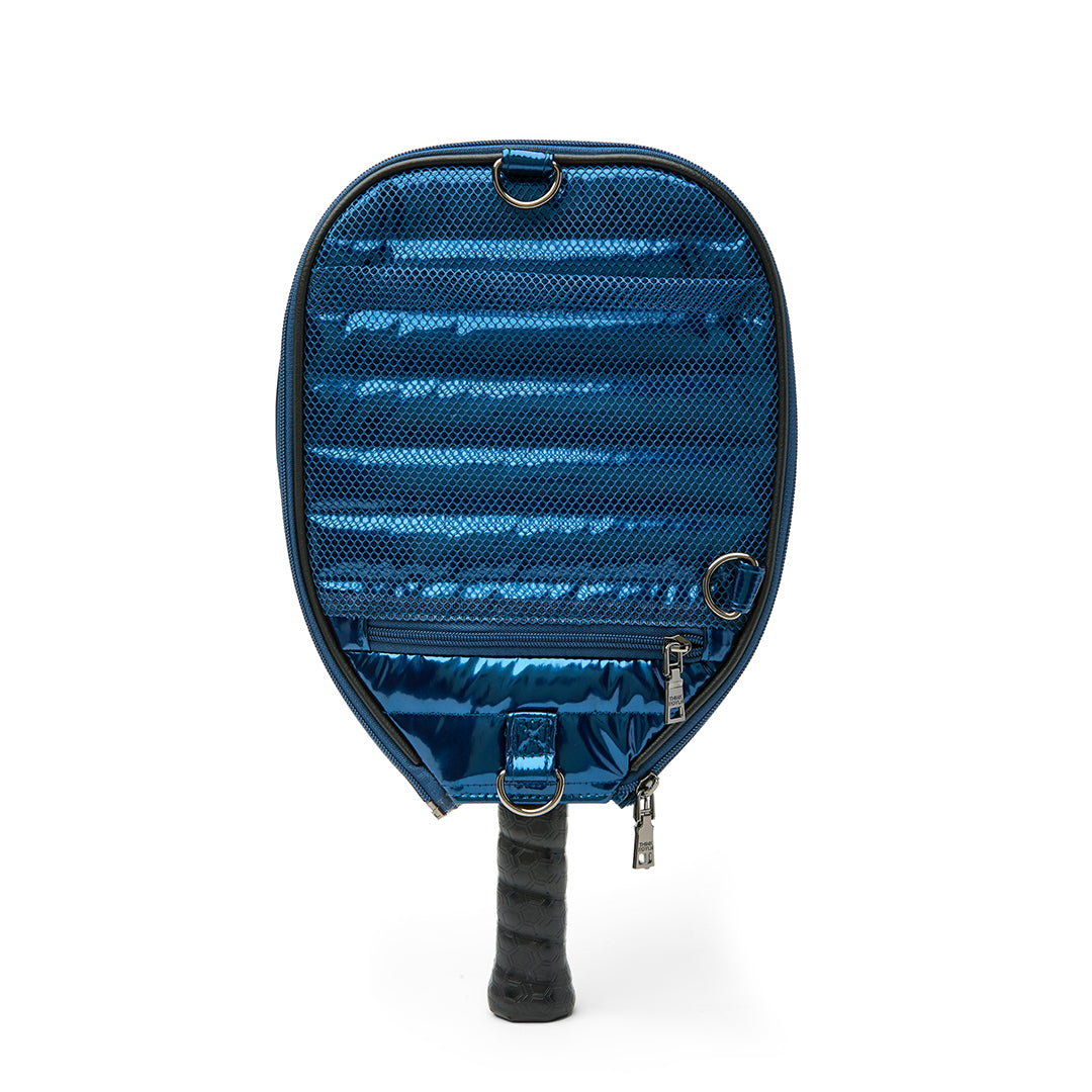 Black patent Ace of the Court pickleball bag by Think Royln with multiple compartments and stylish design.