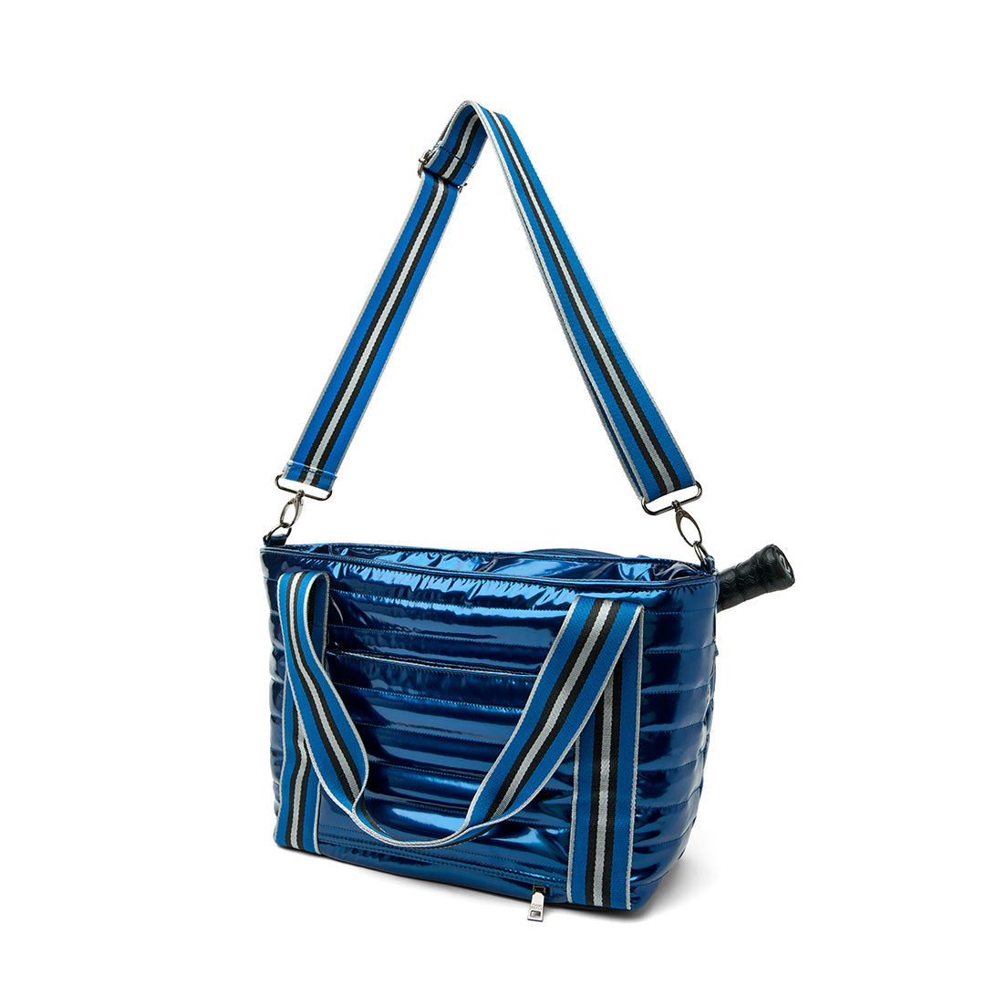 Think Royln Ace of the Court pickleball bag in sleek black patent finish, designed for carrying pickleball gear.