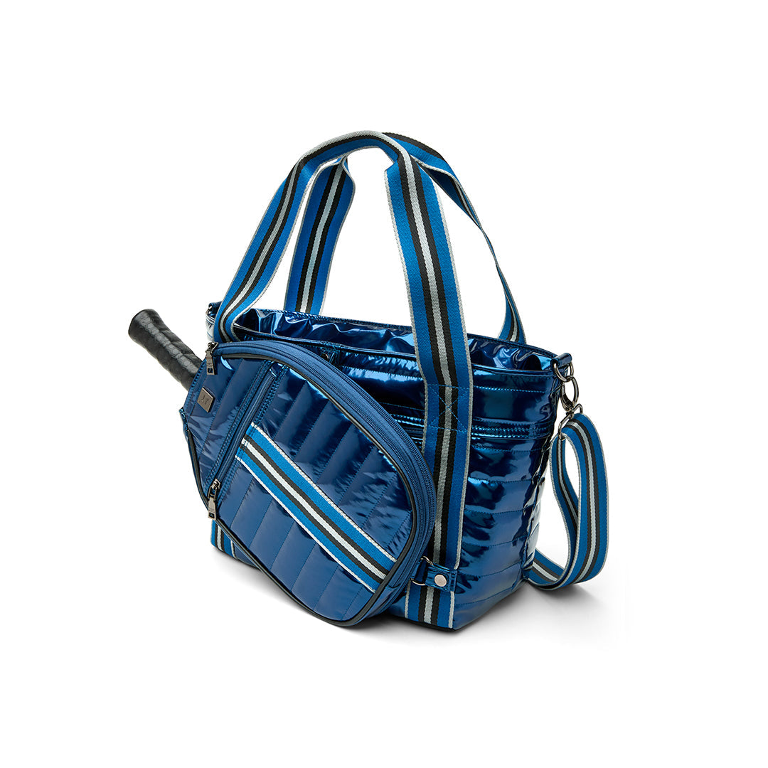 Black patent Ace of the Court pickleball bag by Think Royln, stylish and functional sports bag with multiple compartments.