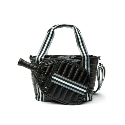 Think Royln Ace of the Court pickleball bag in sleek black patent, featuring multiple compartments for sports gear and accessories.