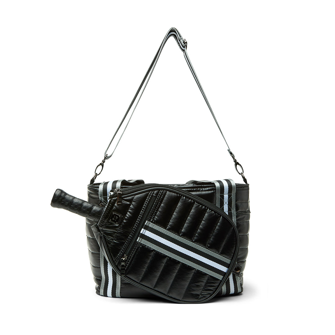 Think Royln Ace of the Court Pickleball Bag in sleek black patent, stylish bag designed for storing pickleball gear.