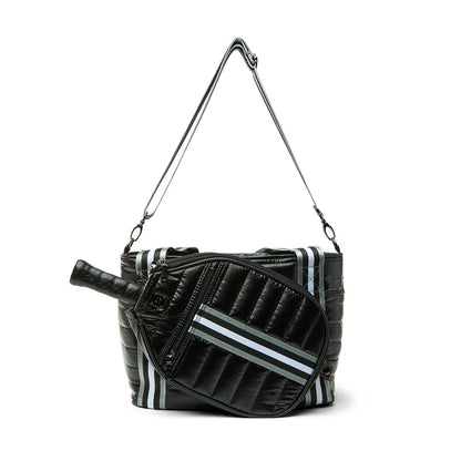 Think Royln Ace of the Court Pickleball Bag in sleek black patent, stylish bag designed for storing pickleball gear.