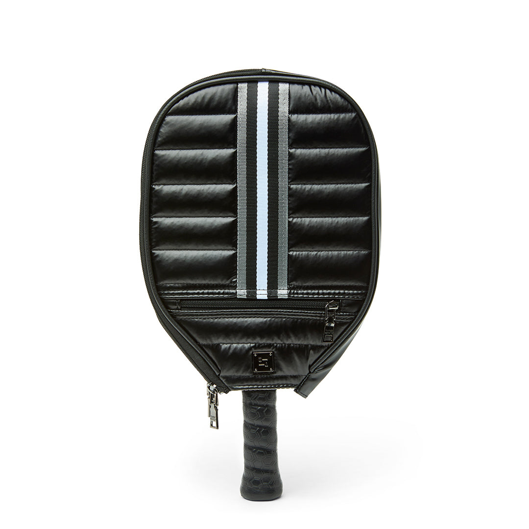 Think Royln Ace of the Court pickleball bag in sleek black patent with multiple compartments for gear storage.
