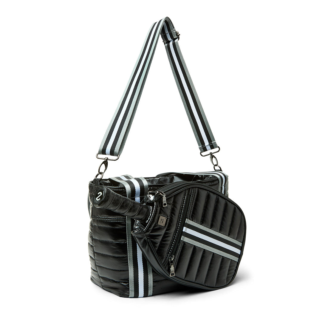 Think Royln Ace of the Court pickleball bag in sleek black patent finish, designed for carrying pickleball gear and accessories.