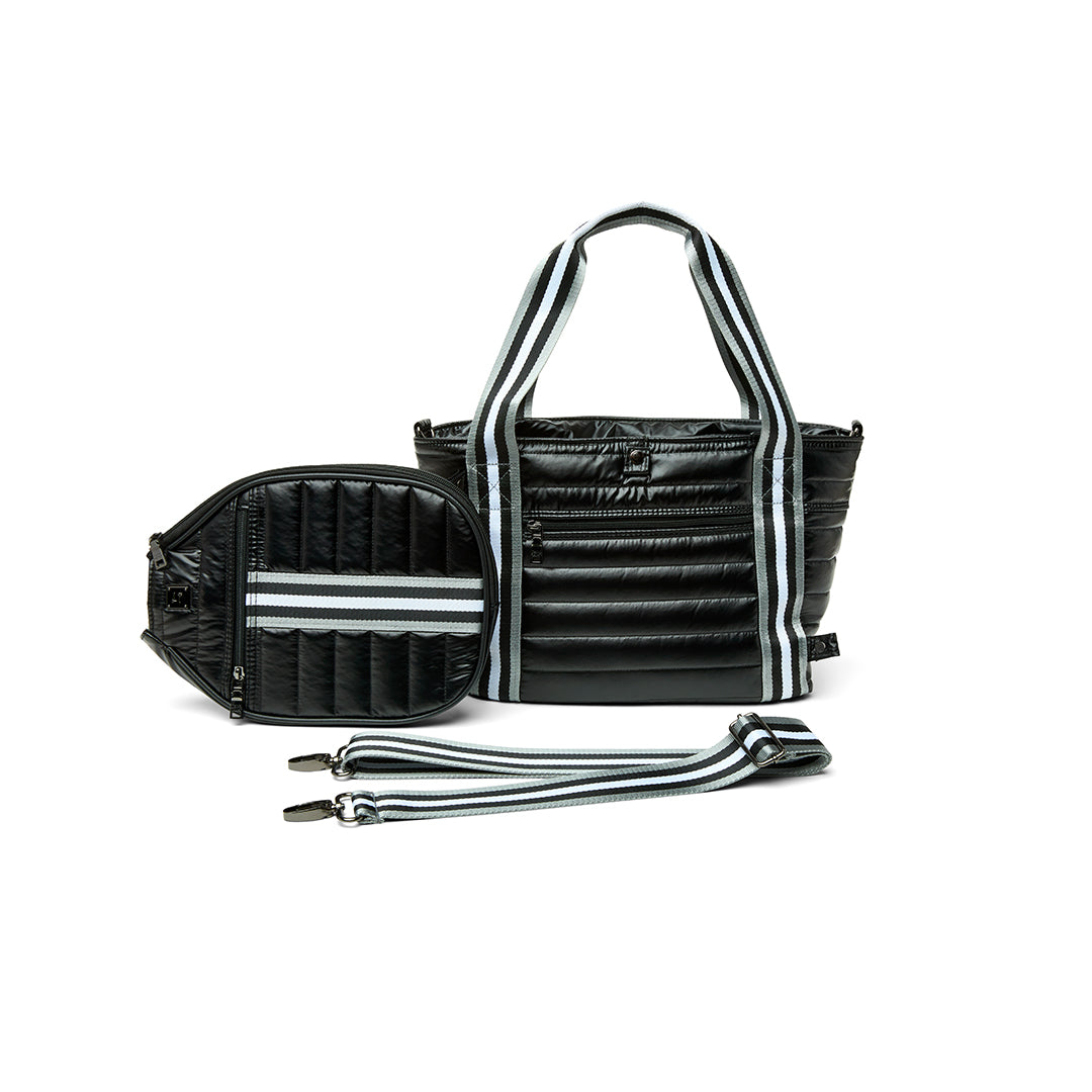 Black patent Ace of the Court pickleball bag by Think Royln, featuring multiple compartments and sporty design.
