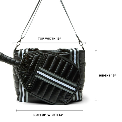 Think Royln Ace of the Court pickleball bag in sleek black patent finish with multiple compartments for sports gear storage.