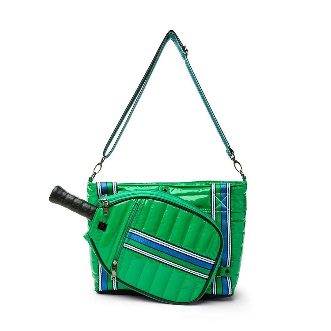 Think Royln Ace of the Court pickleball bag in sleek black patent material, designed for easy carrying and storage.