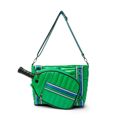 Think Royln Ace of the Court pickleball bag in sleek black patent material, designed for easy carrying and storage.