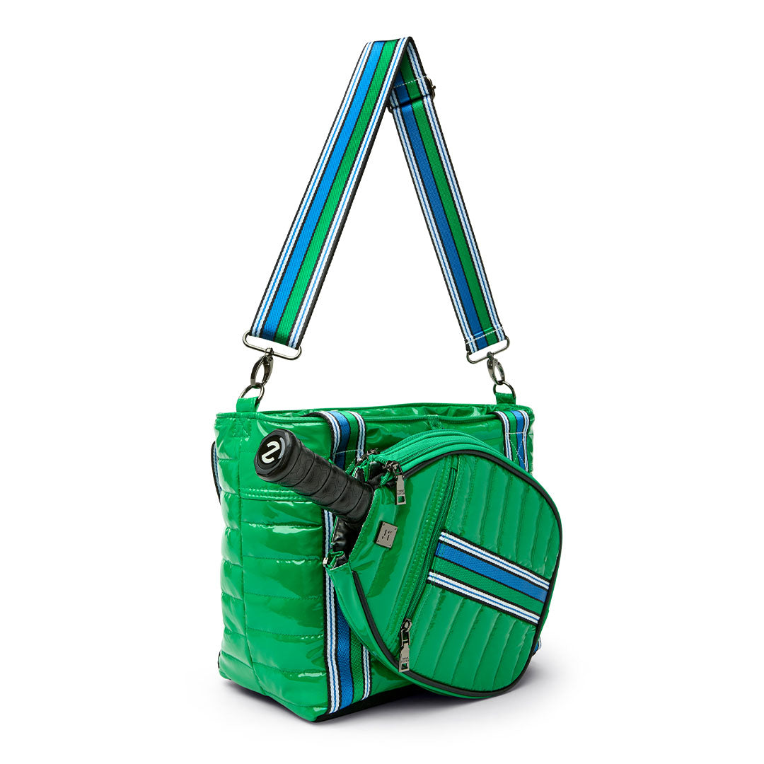 Think Royln Ace of the Court pickleball bag in sleek black patent finish, designed for stylish storage and easy carrying.
