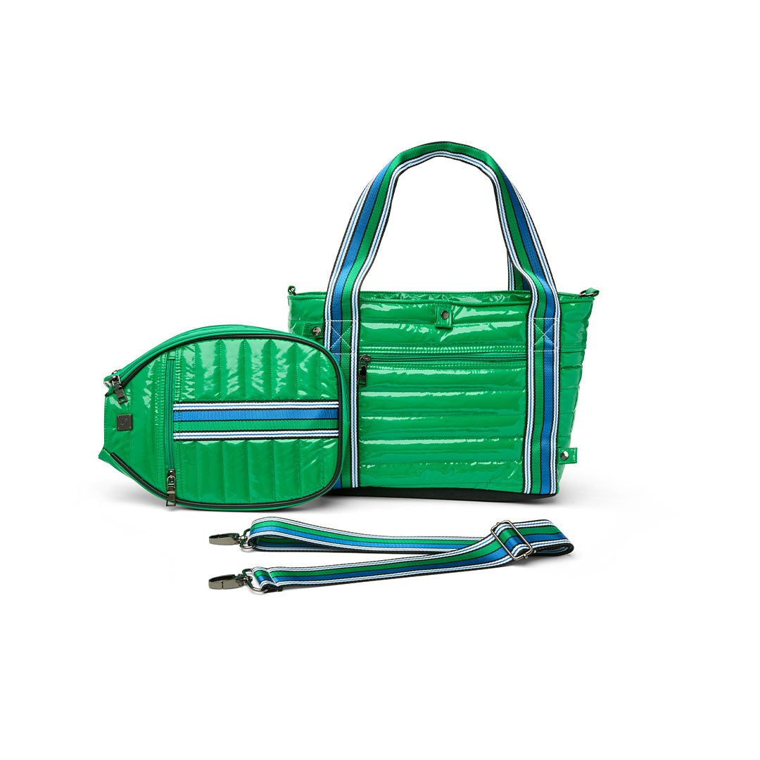 Think Royln Ace of the Court pickleball bag in sleek black patent finish, designed for easy carrying and storage.