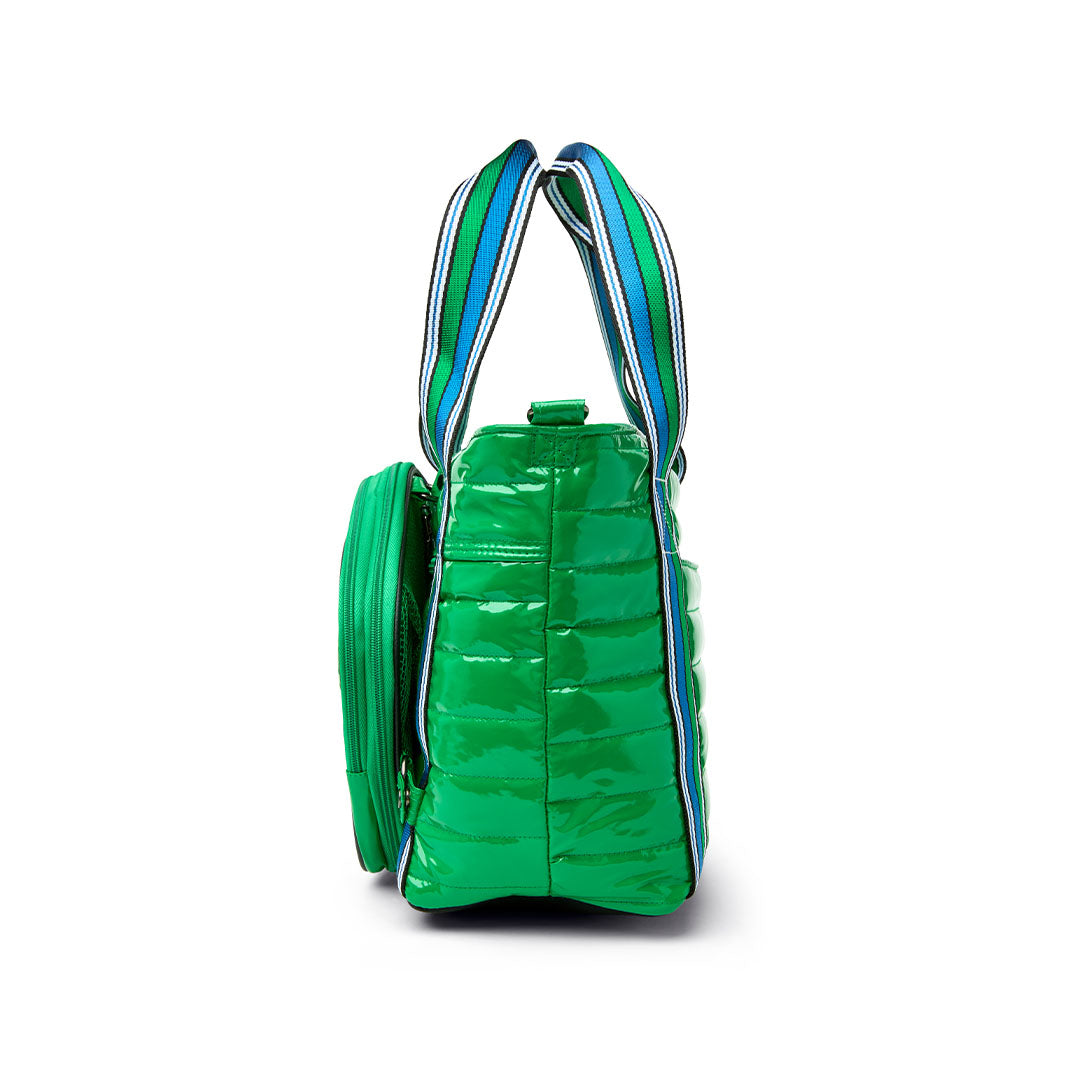 Black patent Ace of the Court pickleball bag by Think Royln, stylish bag with multiple compartments for pickleball equipment.
