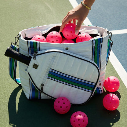 Think Royln Ace of the Court pickleball bag in sleek black patent finish with multiple compartments for accessories.