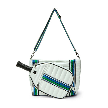 Think Royln Ace of the Court pickleball bag in sleek black patent with multiple compartments for sports gear and accessories.