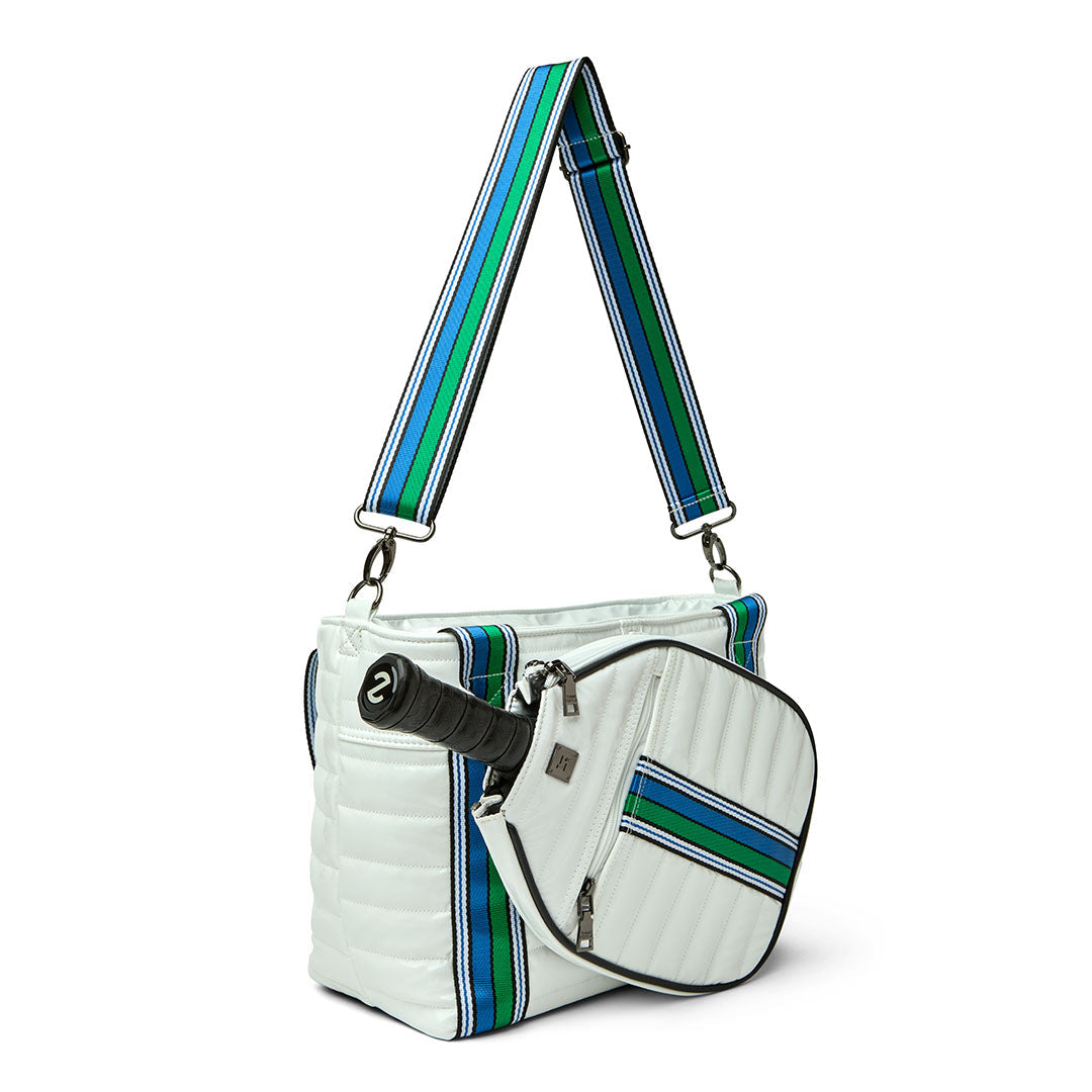 Think Royln Ace of the Court pickleball bag in sleek black patent finish, designed for convenient storage and style.