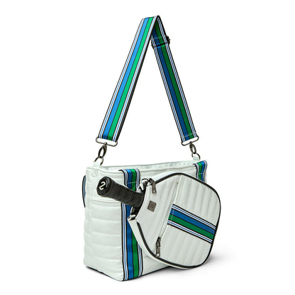 Think Royln Ace of the Court pickleball bag in sleek black patent finish, designed for convenient storage and style.