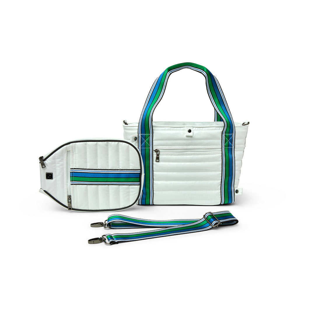 Think Royln Ace of the Court pickleball bag in sleek black patent with multiple compartments and stylish design.