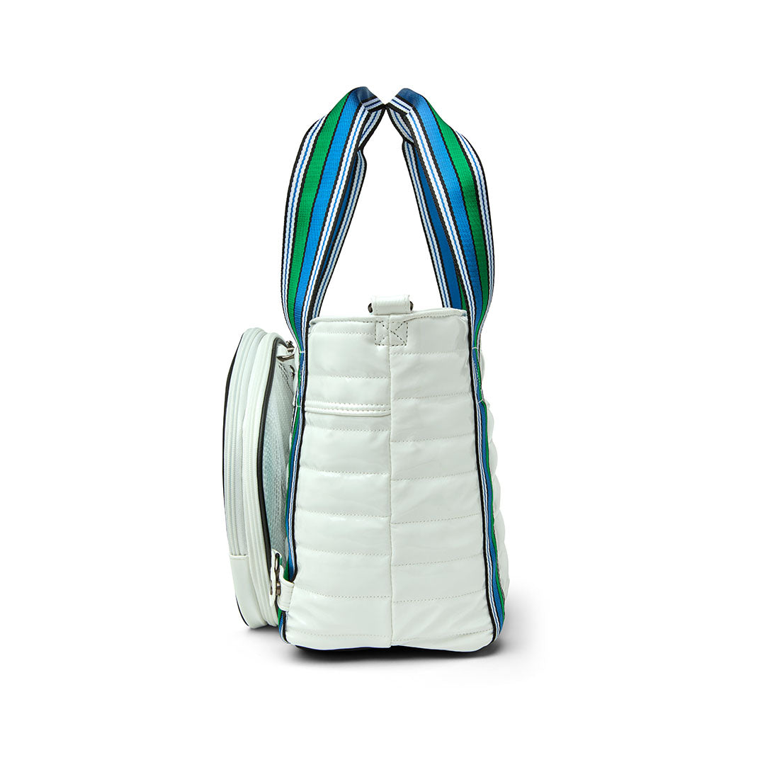 Black patent Ace of the Court pickleball bag by Think Royln with multiple compartments and stylish design.